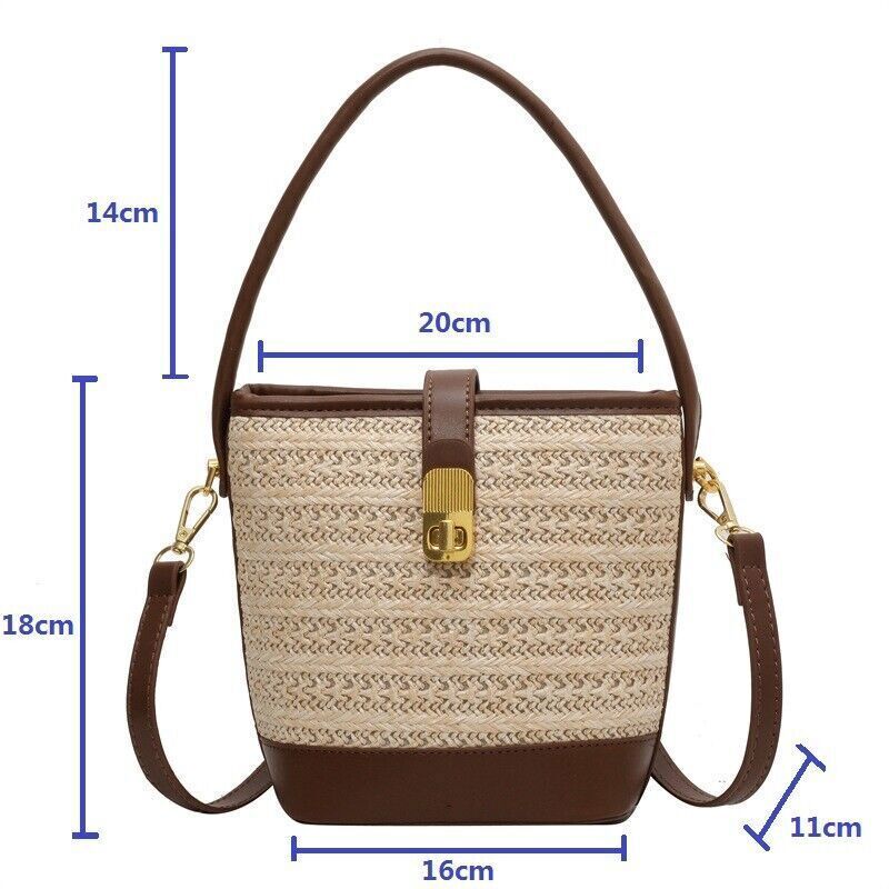 Straw Woven Bucket Shoulder Bags PU Leather Summer Fashion Designer BeachHandbag