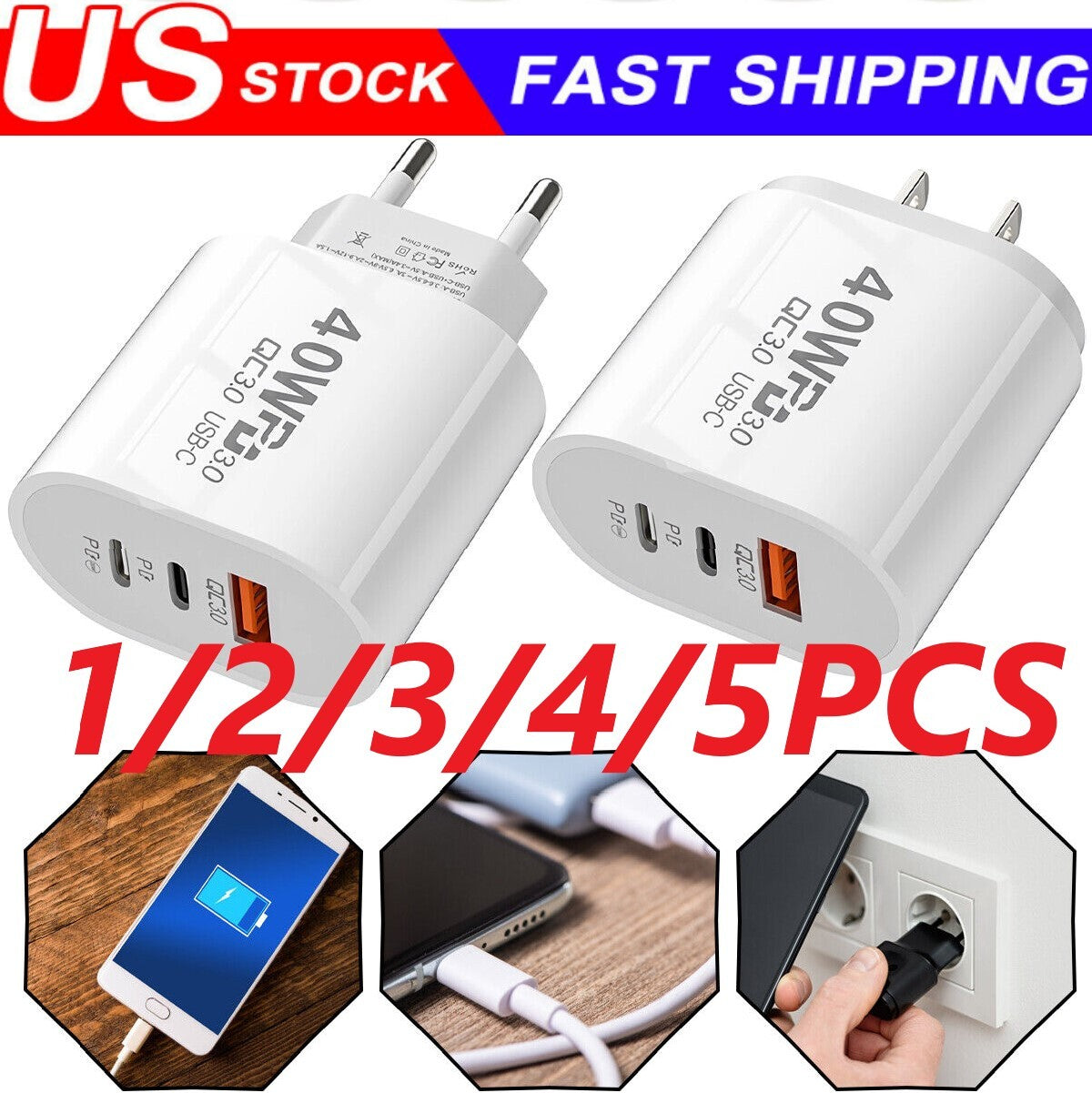Dual PD 40W Fast Wall Charger Power Adapter For iPhone 15 Pro Max 14 Plus 13 12