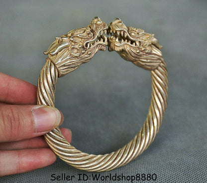 3.8" Collect Old Chinese Silver Dynasty Palace Double Dragon bracelet bangle
