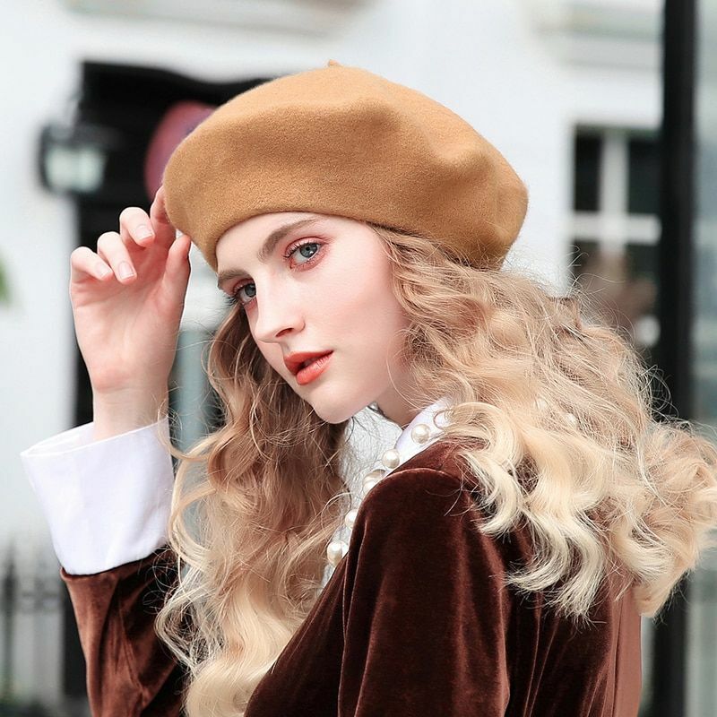 Wool Beret Hats Women Pure Felt British Style Solid Color Slouchy Winter Female