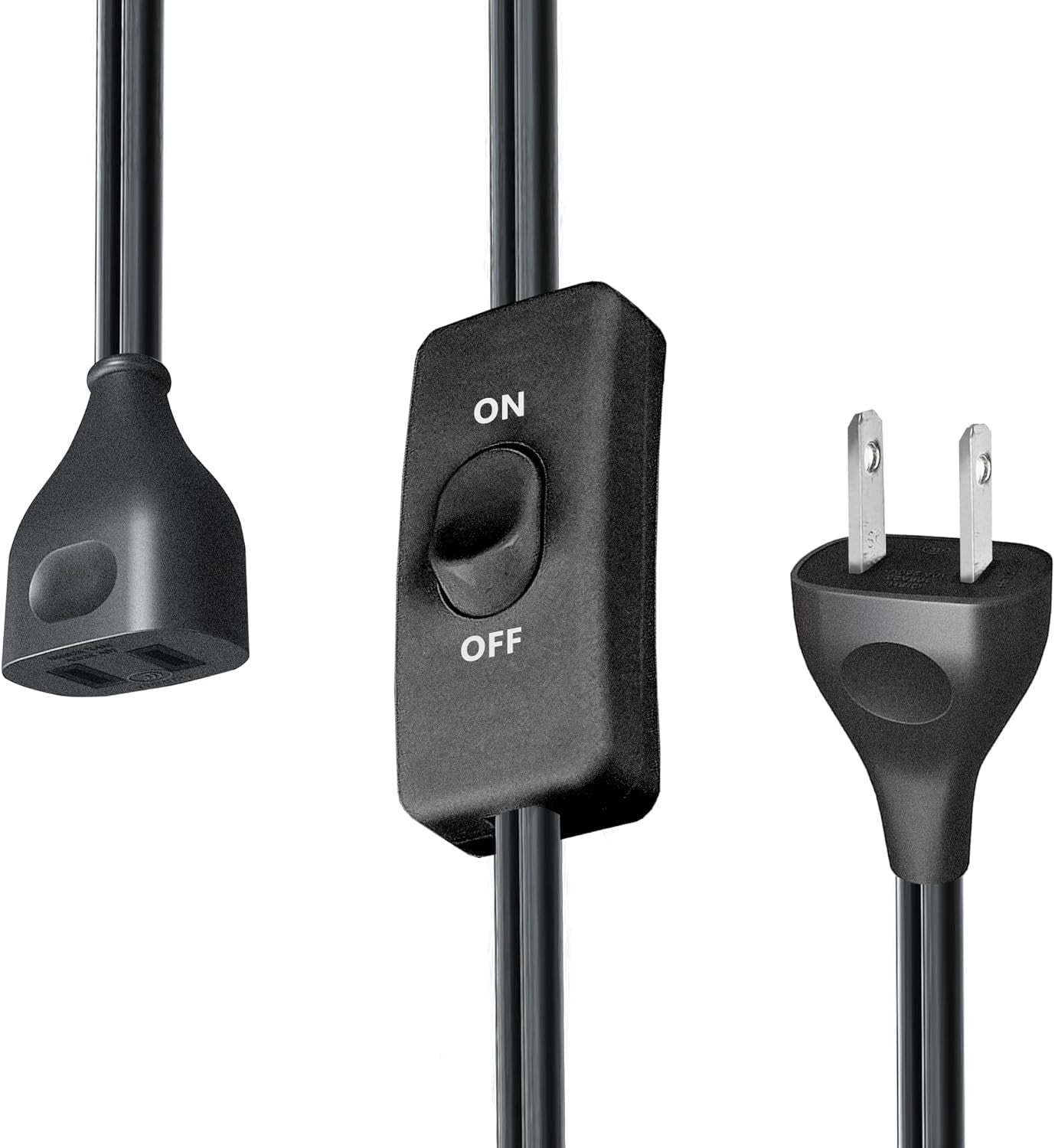 Black Extension Cord with Switch On/Off, 2 Prong Grounded Plug, 6FT Indoor Power