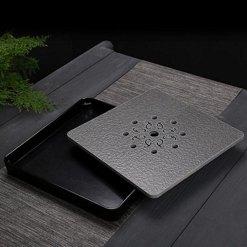Black Stone Kungfu Tea Tray with Drainage Water Storage for Puer Tableware Tea