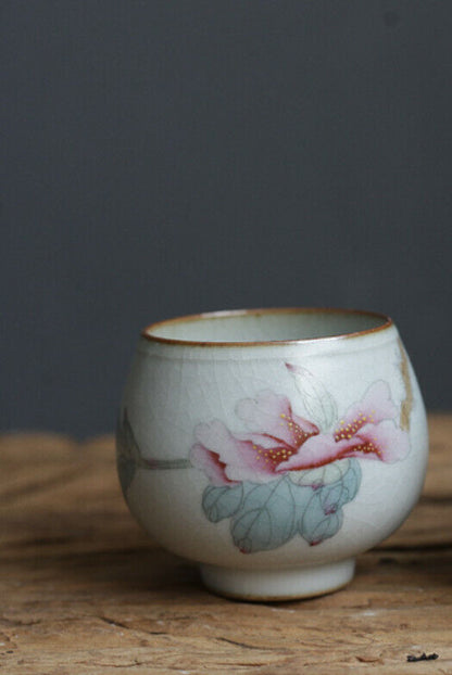 90cc中国宋代古董大师茶杯ruyao牡丹陶瓷杯-