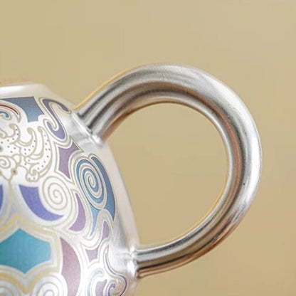 Tea Set Pot With Holder Matching Tea Cup Dunhuang Frescoes Print Silver Ceramic