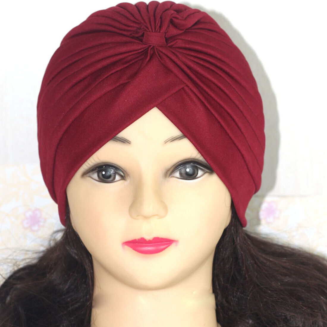 Women Stretchy Turban Hat Muslim Hat Solid Color Wrap Hijab Knotted Indian Caps