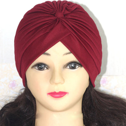 Women Stretchy Turban Hat Muslim Hat Solid Color Wrap Hijab Knotted Indian Caps