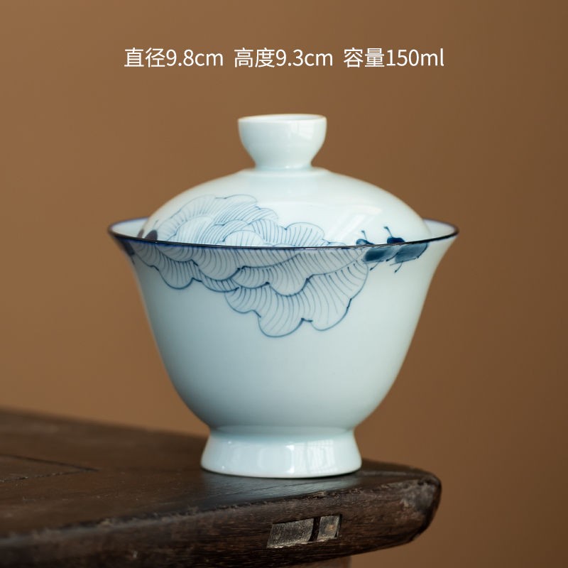 Hand Drawn Hibiscus Lid Bowl Blue and White Tea Cup Ceramic Tea Set