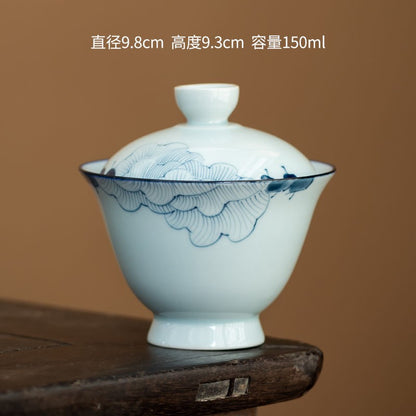 Hand Drawn Hibiscus Lid Bowl Blue and White Tea Cup Ceramic Tea Set