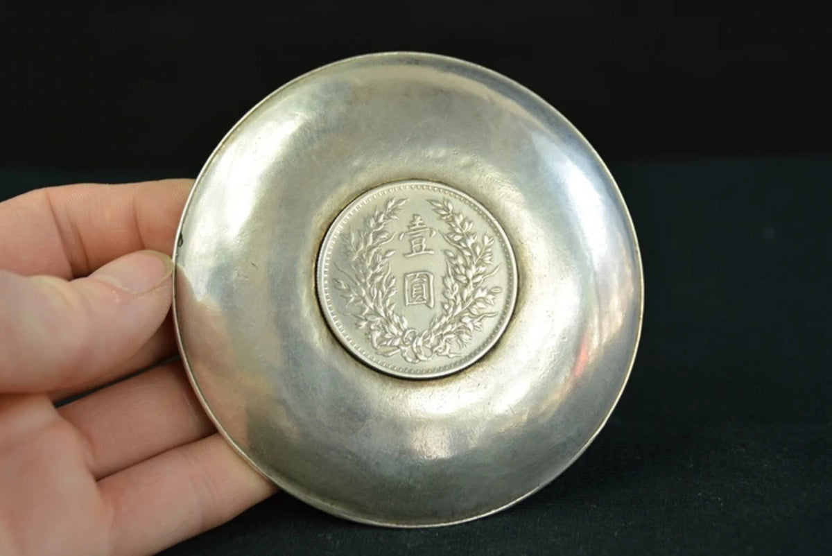 Chinese Tibet Silver Dragon and Phoenix Statue Yuan Big Head Silver Dollar Plate
