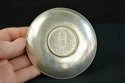 Chinese Tibet Silver Dragon and Phoenix Statue Yuan Big Head Silver Dollar Plate