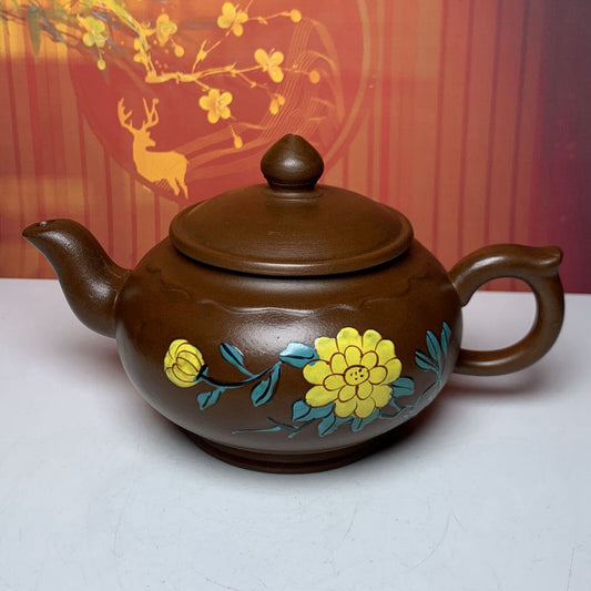 Vintage China Yixing Purpleclay Teapot Zisha Painted Chrysanthemum Teaware Rare