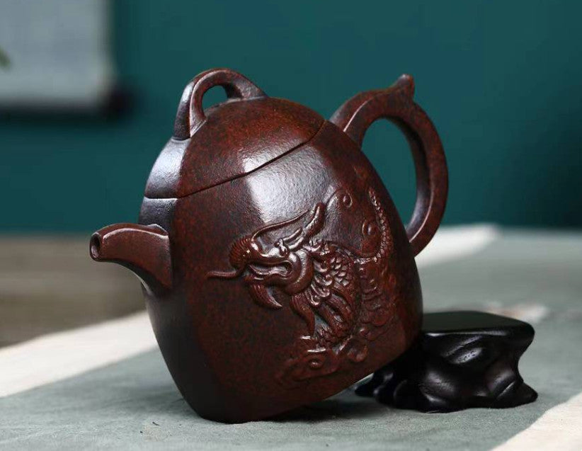 4.7" Chinese Yixing Zisha Pottery Old Purple Clay 260CC Dragon Six Sides Teapot