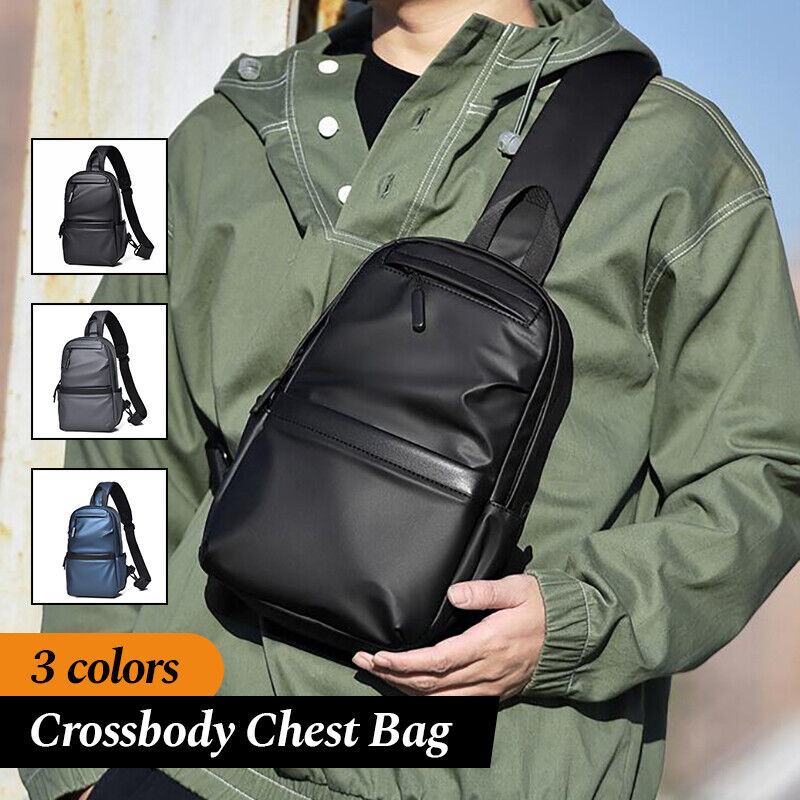 Chest Sling Bag PU Leather Travel Single Shoulder Crossbody Bag Black Gray Mens