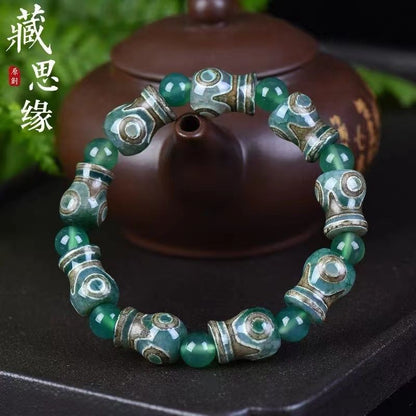 Tibetan Vintage Green Dzi Agate Vase Bracelet 3 Eye Bead Bracelet