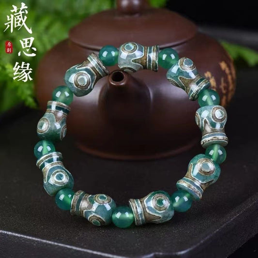 Tibetan Vintage Green Dzi Agate Vase Bracelet 3 Eye Bead Bracelet
