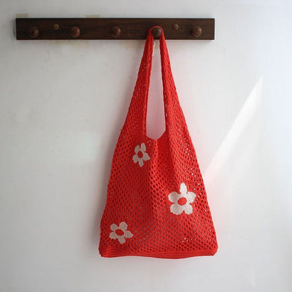 Summer Flower Handbag Knitted Shoulder Bag Large Shopping Woven Hollow Beach Bag