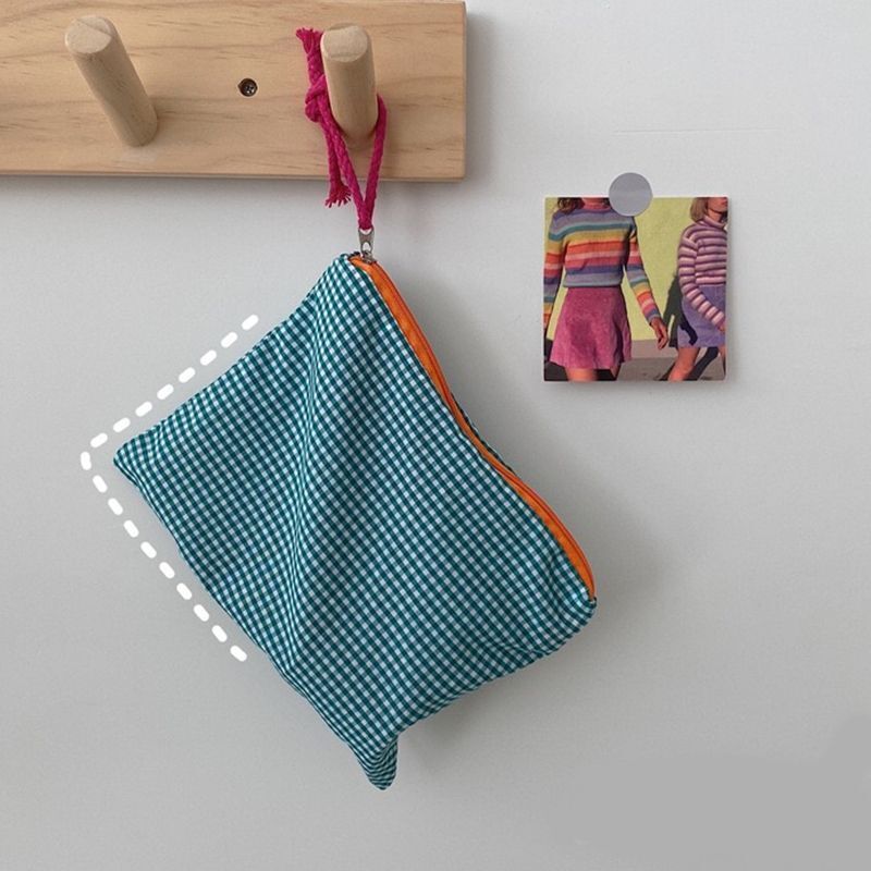 Plaid Cosmetic Bags Multipurpose Toiletry Cotton Zipper Pouch Travel Makeup Bag