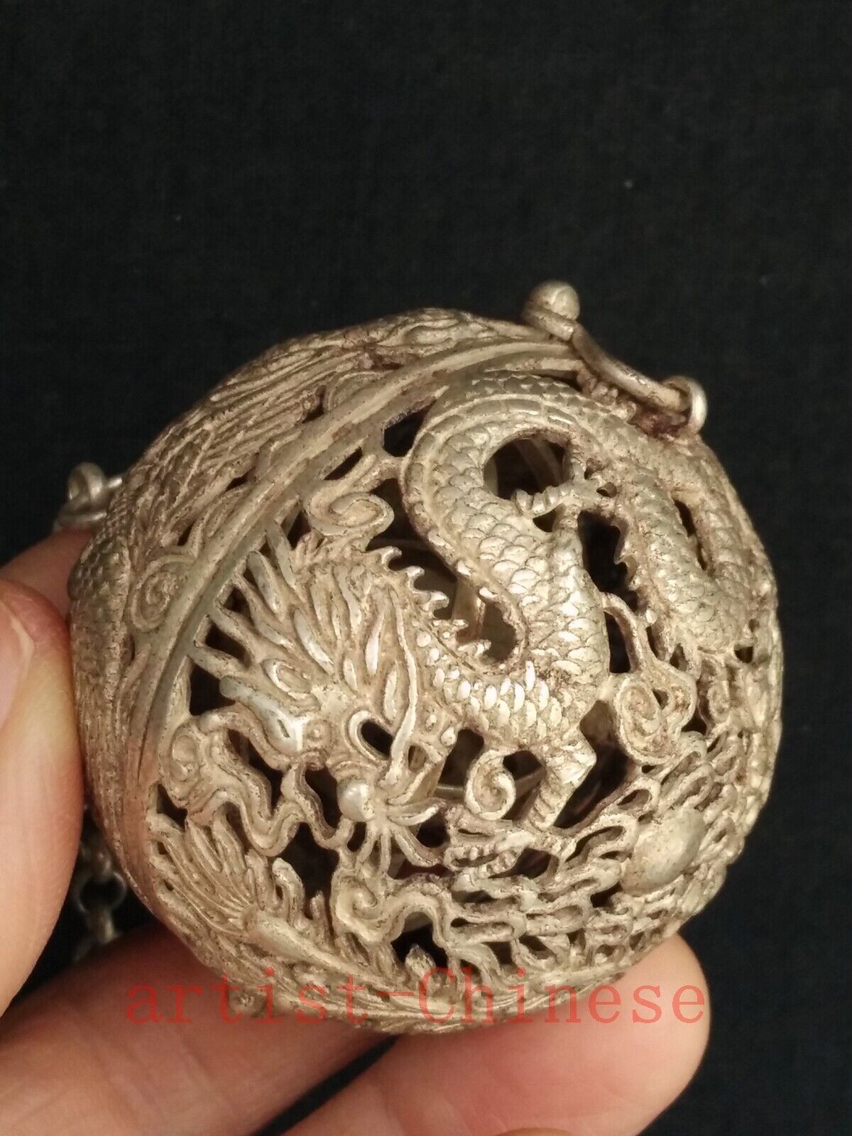Collection Old China Tibet Silver Carving Dragon Phoenix Aromatherapy Decoration