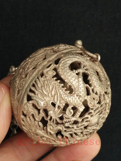 Collection Old China Tibet Silver Carving Dragon Phoenix Aromatherapy Decoration