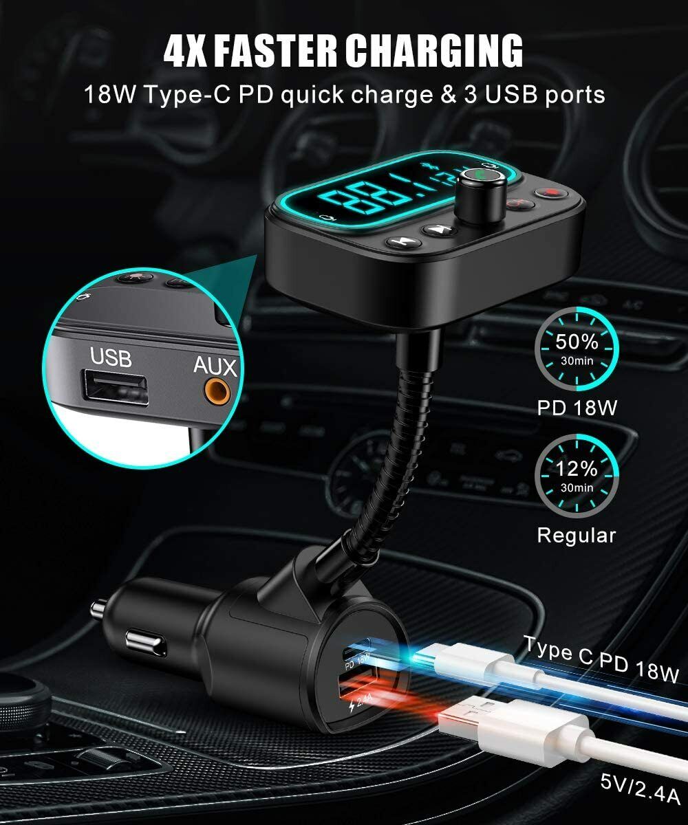 Wireless Bluetooth 5.0 FM Transmitter Radio AUX Adapter USB Car LED Music Player