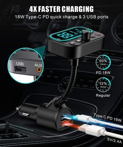 Wireless Bluetooth 5.0 FM Transmitter Radio AUX Adapter USB Car LED Music Player