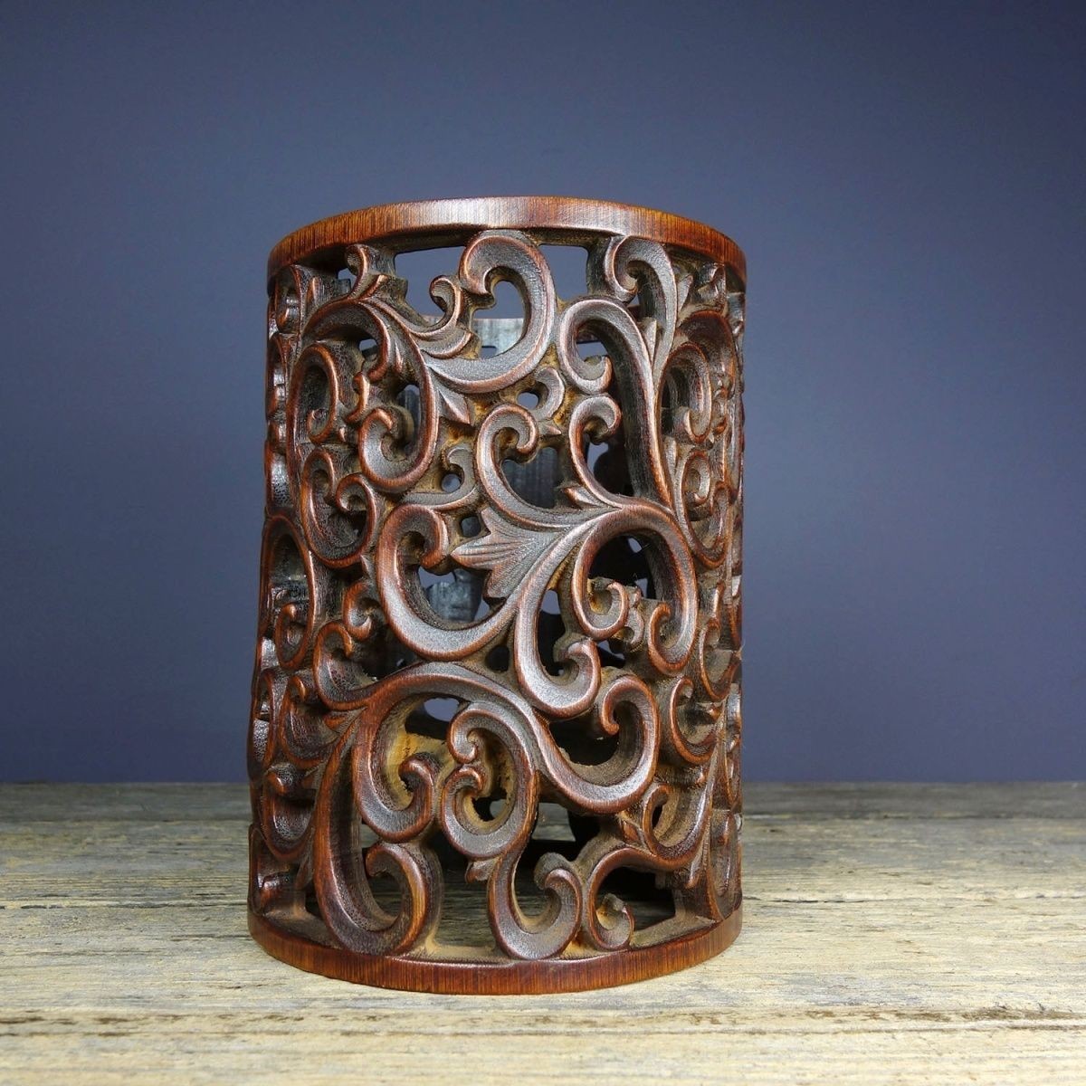 Vintage Bamboo Openwork Brush Pot 12x16cm Antique Scroll Pattern