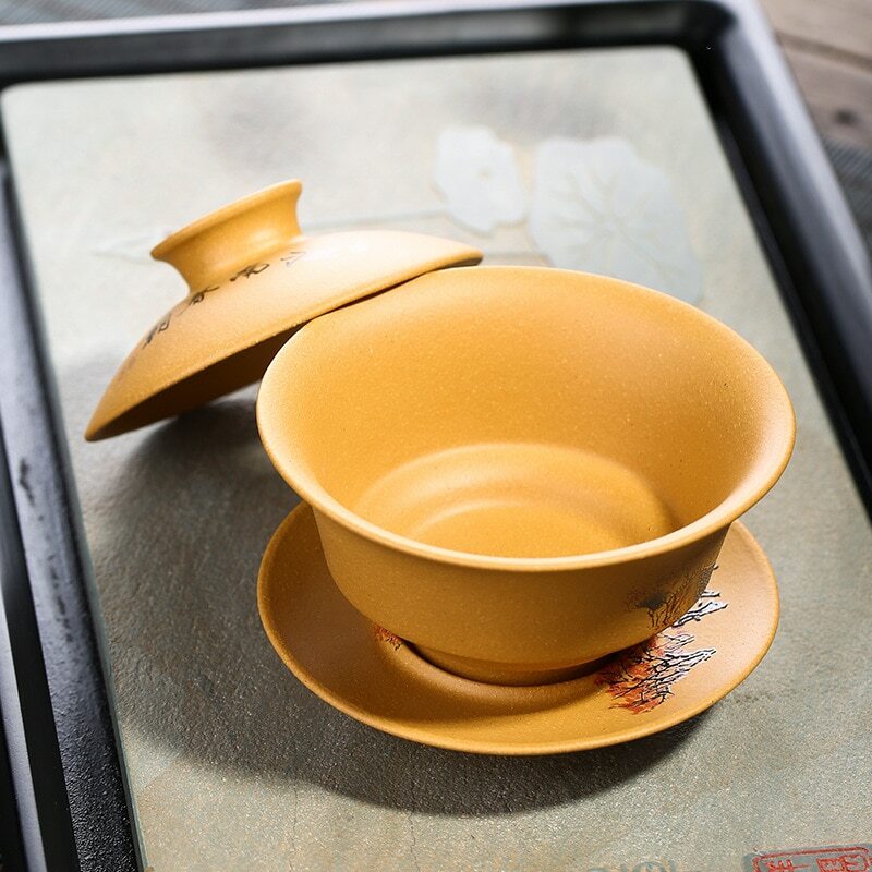 1pc Chinese Yixing Tea Cup Tureen Ore Mud Purple Clay Gaiwan Creative Teaware