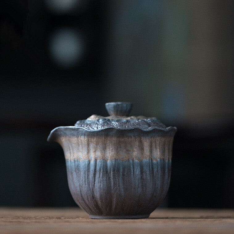 Zen style tea pot with lid lotus design crude pottery pot iron glaze ceramic pot