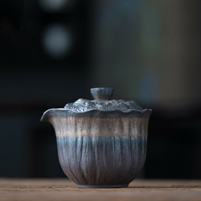 Zen style tea pot with lid lotus design crude pottery pot iron glaze ceramic pot