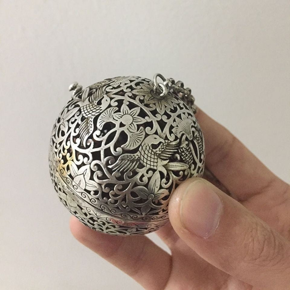 Chinese Vintage Silver Plated Openwork Bird Flower Incense Ball 5.4cm