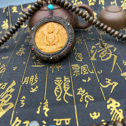 China Natural Wood Carving KWAN-YIN Pendant Blessing Abacus Beads Necklace Gift