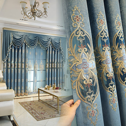 Chenille embroidered European blue cloth curtain tulle valance drape C1296