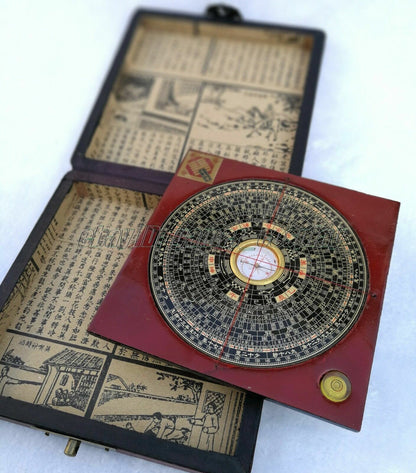 Old Chinese Feng Shui Compass W. Leatherette Wood Dragon Phoenix Box 13cm