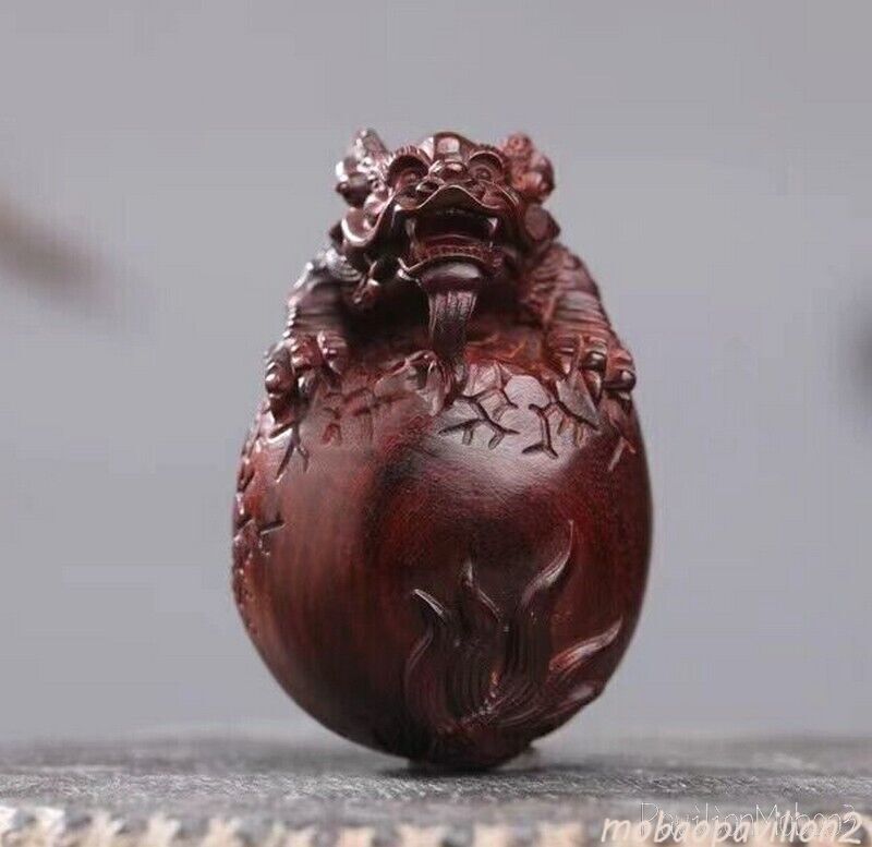 Natural Indian Lobular Red Sandalwood Wood Hand Carved Dragon Egg Statue