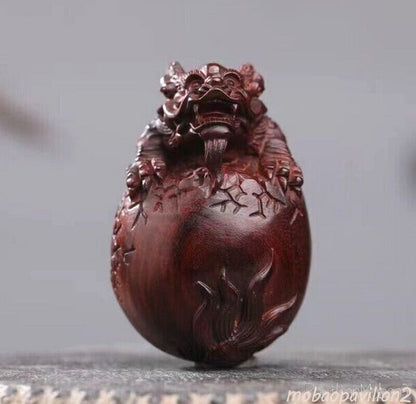 Natural Indian Lobular Red Sandalwood Wood Hand Carved Dragon Egg Statue