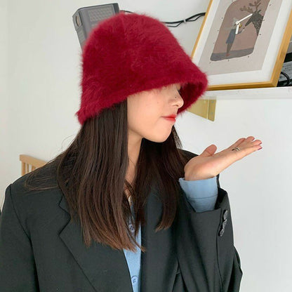 Hat Winter Women Solid Color Rabbit Fur Bucket Cap Fisherman Retro Knitted Wool