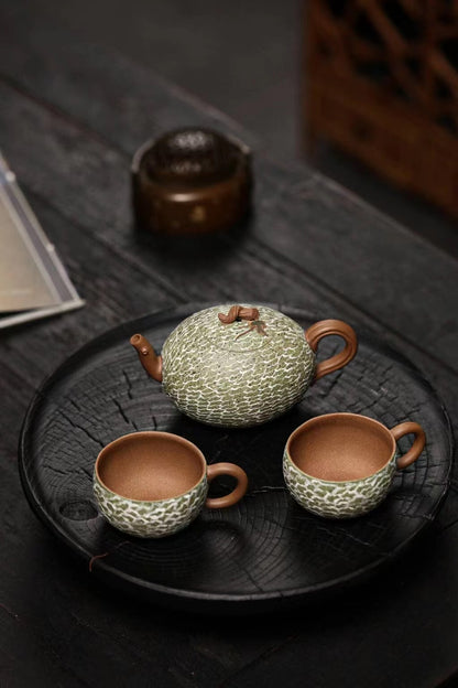 Set of 3pcs chinese Yixing Handmade Zisha teapot Duan clay Hami Melon Gongfu cup