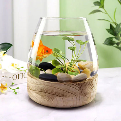 Fish Tanks Transparent Glass Wooden Tray Circular Office Small Goldfish Aquarium
