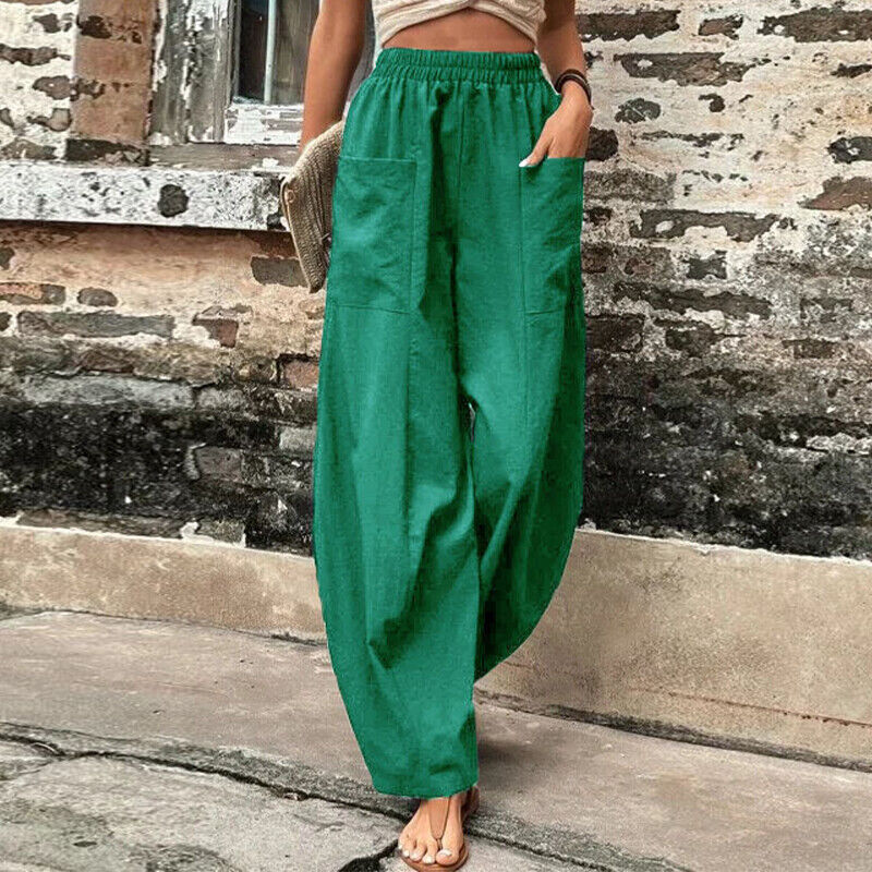 Women Summer Ice Silk Pocket Wide Leg Baggy Pants Elastic High Waist Trousers