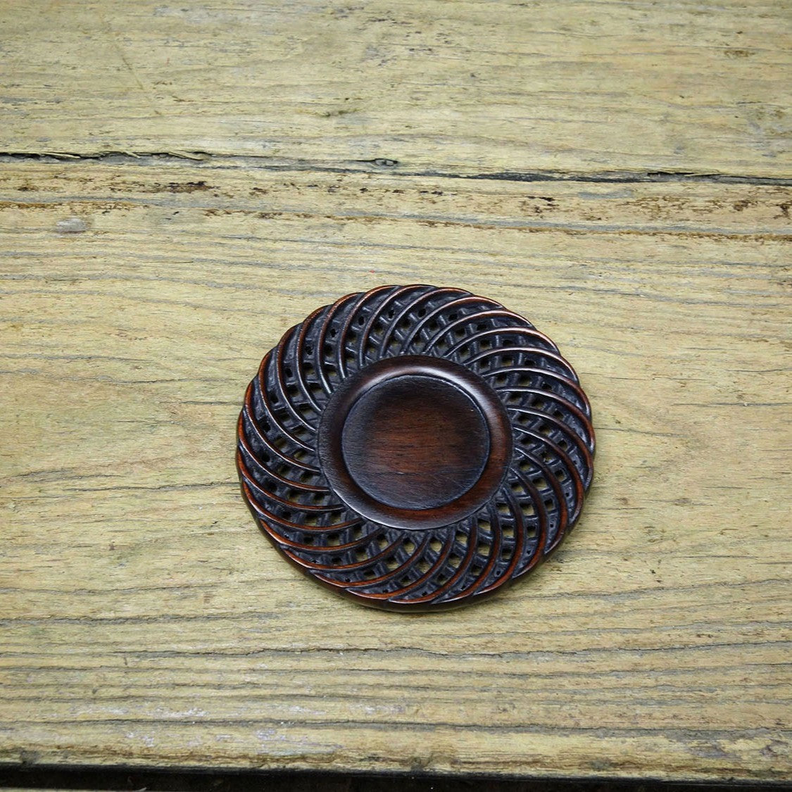 Antique Style Sandalwood Carved Hollow Design Tea Coaster Cup Pad Decor 8cm