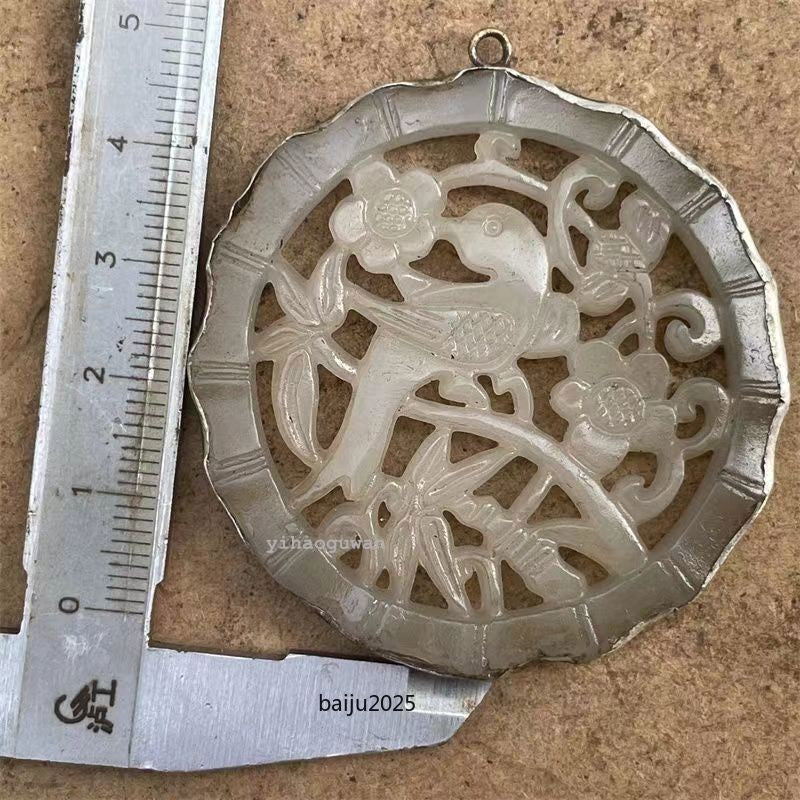 Chinese antique high-end jade carving with copper border necklace pendant