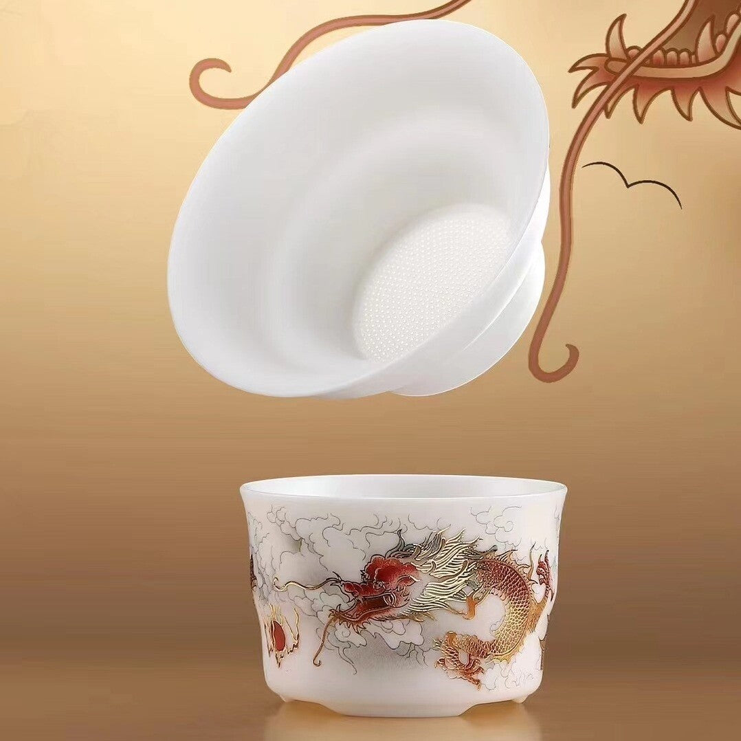 Boutique Tea Set Fat Mutton Jade Porcelain Teapot Gaiwan Hand Drawing Dragon Cup