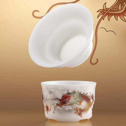 Boutique Tea Set Fat Mutton Jade Porcelain Teapot Gaiwan Hand Drawing Dragon Cup