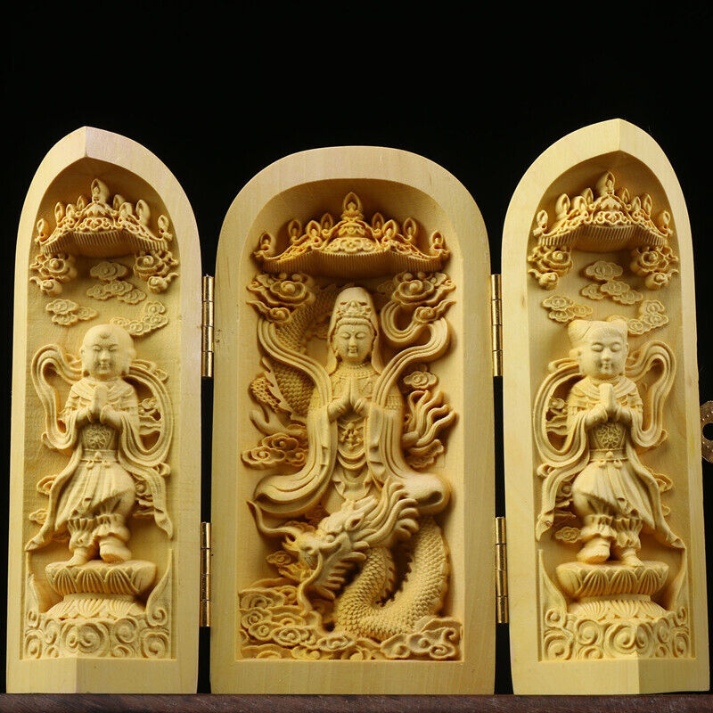Buddha Statue Carved Wooden Sculpture Decor Three Open Box Home Ornaments NEW