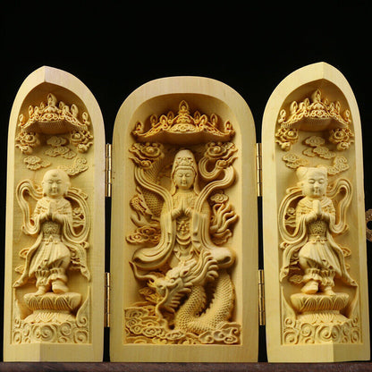 Buddha Statue Carved Wooden Sculpture Decor Three Open Box Home Ornaments NEW