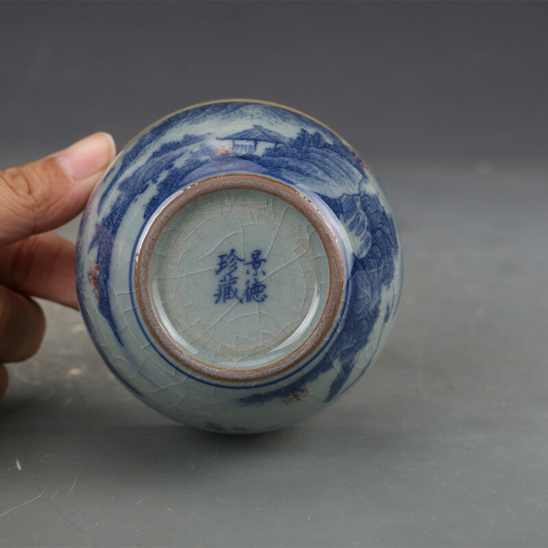 3.2" Chinese Jindezhen Blue-and-white Porcelain Mountain Water House Cup