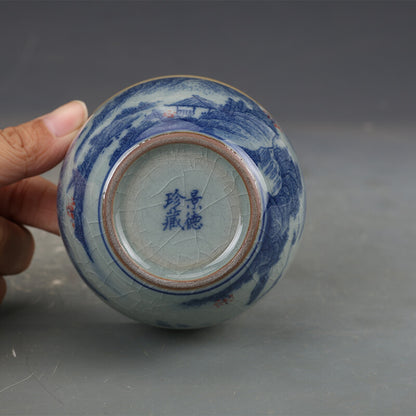 3.2" Chinese Jindezhen Blue-and-white Porcelain Mountain Water House Cup