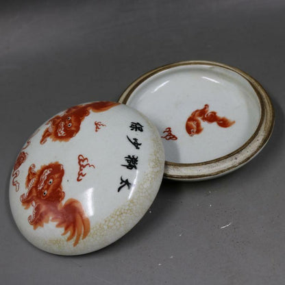 Chinese Famille Rose Porcelain Foo Fu Dog Guardion Lion Ink Box Rouge Box 4.29"