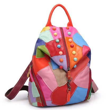 Sheepskin Leather Women's Colorful Blocks Patchwork Backpack Travel Bag Rucksack