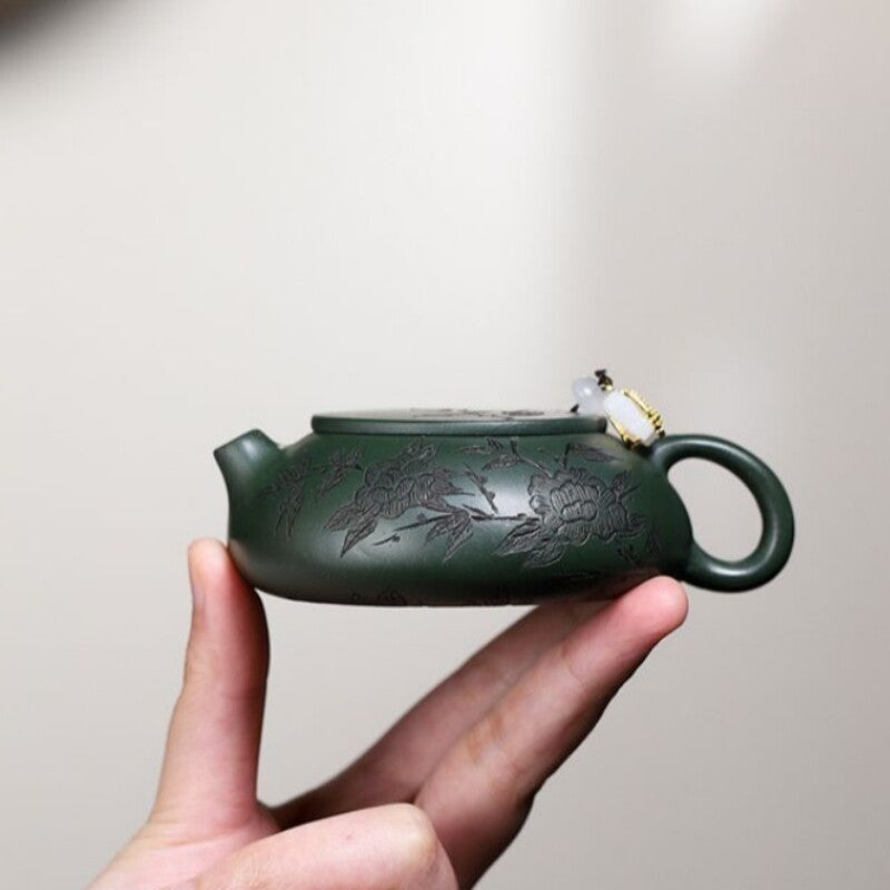 Full Handmade Tea Pot Floral Carved Real Yixing Zisha Green Clay Master Pot New